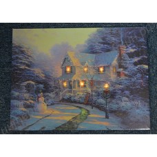 Картина с LED подсветкой: дом среди заснеженных деревьев, выполненная на холсте